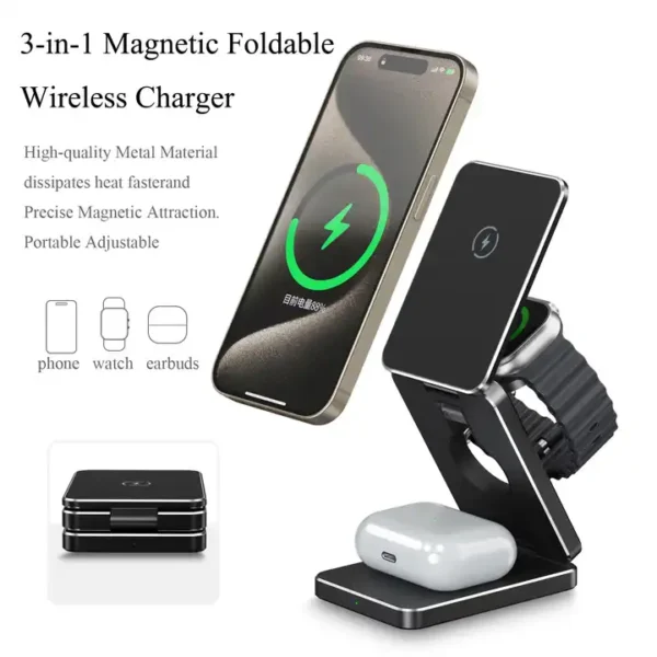 Wireless Charger - 3 in 1 Magnetic Foldable 15W - Image 2